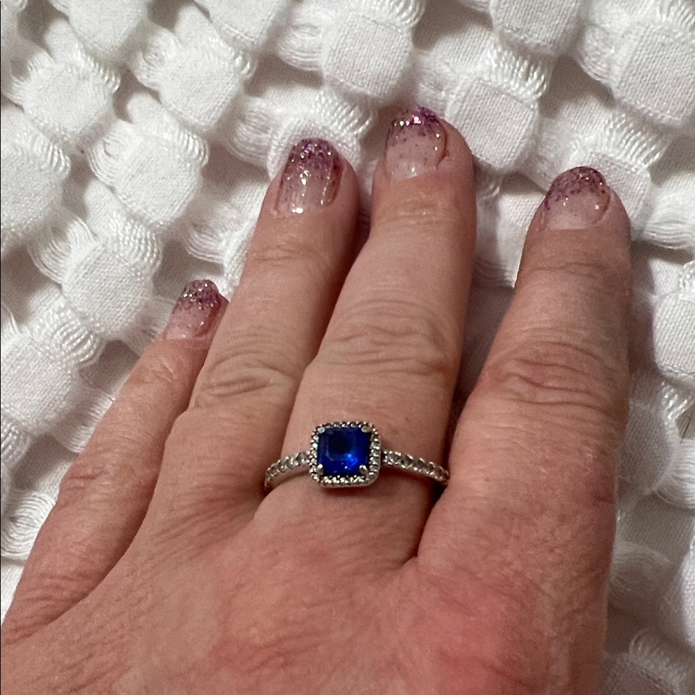 Authentic Pandora Sparkling Square Blue Halo Ring